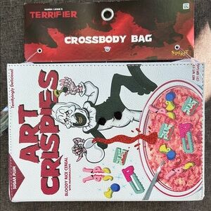 White Crossbody Bag with Pink and Red Horror Cereal Art